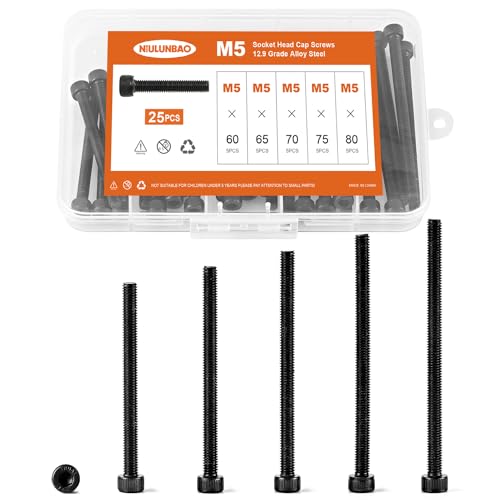 M5 x 60mm 65mm 70mm 75mm 80mm Hex Socket Head Cap Screws Bolts, 12.9 Grade Alloy Steel, Black Oxide Finish, Allen Socket Drive, Metric Machine Fully Threaded, Assortment Kit 25PCS - size: M5 x 60/65/70/75/80mm (25PCS)