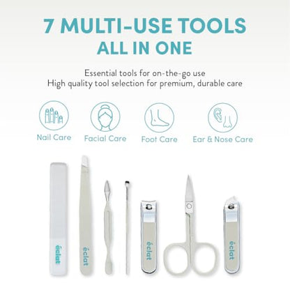 Éclat Manicure Pedicure Kit for Men & Women, 7Pcs Finger & Toe Nail Care Tools Includes Nail Clipper Cutter, Tweezer, File, Cuticle Pusher, Personal Care Professional Grooming Set With Travel Case - color: Mini Mani+pedi Set (7pc Cream)