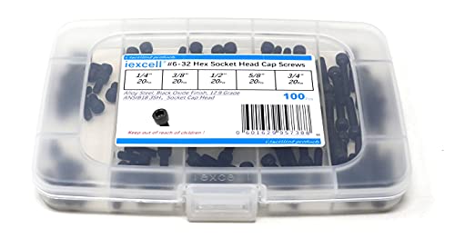 iexcell 100 Pcs SAE #6-32 x 1/4", 3/8", 1/2", 5/8", 3/4" Alloy Steel 12.9 Grade Hex Socket Head Cap Screws Bolts Assortment, Black Oxide Finish - size: #6-32 x 1/4", 3/8", 1/2", 5/8", 3/4"