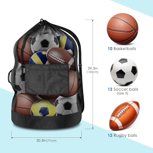 BROTOU 40" x 30" Extra Large Sports Ball Bag, Upgrade Thicken Ball Bags for Coaches, Adjustable Shoulder Strap and Hanging Ears with Handle, Mesh Bag for Basketball, Volleyball, Swimming Gear