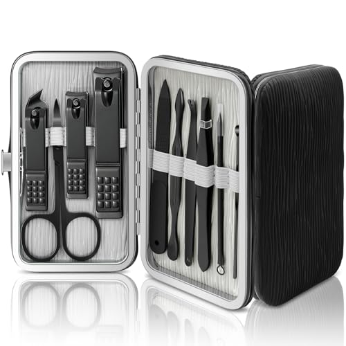 BLESWIN 10 in 1 Manicure Set, Professional Manicure Pedicure Kit for Women, Nail clipper Set for Men, Nail Care Kit with Leather Travel Case, Travel Nail Kit for Friends Parents Gift (Black) - color: 1-Black