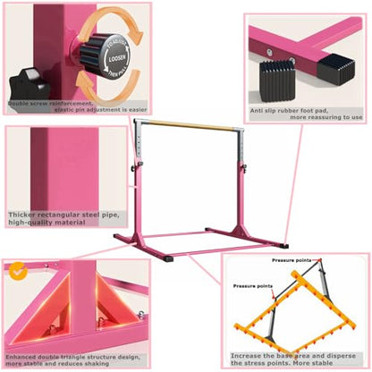 Gymnastic Kip Bar for Kids Training Horizontal Bars for Home Ages 3-15 Adjustable Height Non-Slip Gym Equipment Indoor with Rings