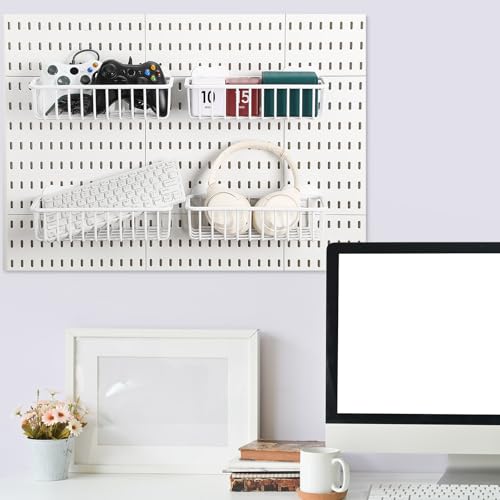 Maxdot 4 Pcs Pegboard Baskets with Hook, Compatible with IKEA Skadis Peg Board, Wall Bins and Baskets Storage Box Containers Accessories for Home Garage Office, 11 x 5 x 3 Inches (White) - color: White