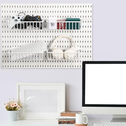 Maxdot 4 Pcs Pegboard Baskets with Hook, Compatible with IKEA Skadis Peg Board, Wall Bins and Baskets Storage Box Containers Accessories for Home Garage Office, 11 x 5 x 3 Inches (White) - color: White