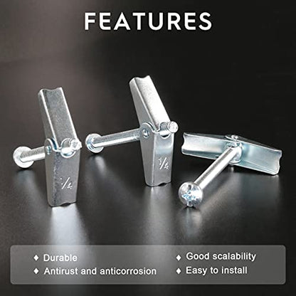 Glarks 30Pcs 1/4'' Zinc Plated Steel Round Head Toggle Bolt and Wing Nut for Hanging Heavy Items on Drywall (1/4'') - size: 1/4''