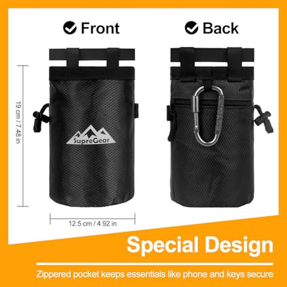 supregear Chalk Bag for Rock Climbing, Large Zipper Pocket with Brush Holder, Drawstring Closure, and Carabiner Clip, Ideal for Bouldering, Weightlifting, Gym - color: Black