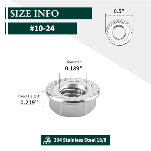 10# 24 Serrated Flange Hex Lock Nuts, 304 Stainless Steel 18-8 Anti-Loose Nuts for Machinery, Automotive, DIY, 100 PCS - size: #10-24