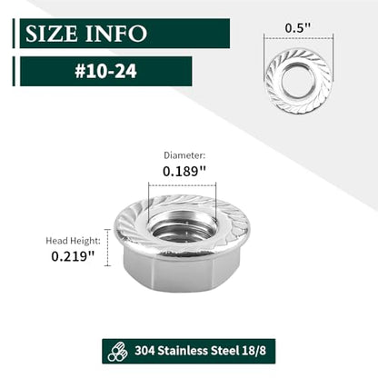 10# 24 Serrated Flange Hex Lock Nuts, 304 Stainless Steel 18-8 Anti-Loose Nuts for Machinery, Automotive, DIY, 100 PCS - size: #10-24