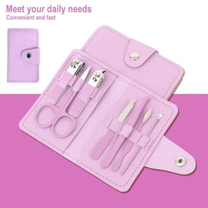 7 -Piece Manicure & Pedicure Kit with Portable PU Leather Case, Stainless Steel Nail Care Tools Set for Home & Travel (Pink/Purple/Green Options) - color: Purple