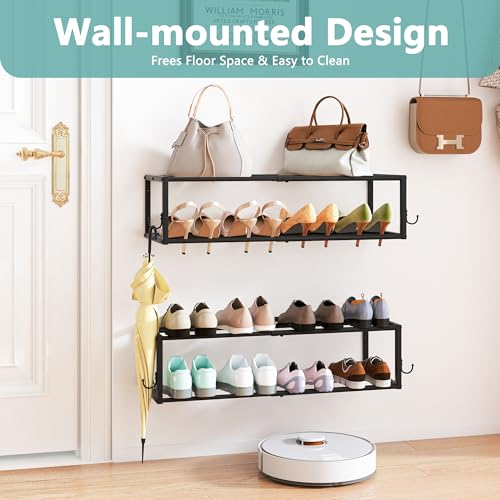 2 Pack Wall Mounted Shoe Rack, Expandable 16-29" with 4 Hooks | 2-Tier Metal Adjustable Hanging Shoe Rack Organizer Holds 16 Pairs for Entryway, Closet, Bedroom, Garage or Small Spaces - size: 29.72" W x 11" L x 7.68" H