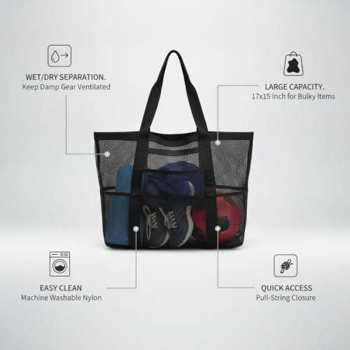 Mesh Drawstring Gym Bag, Breathable Nylon Storage for Wet Gear and Sports Equipment, 17 x 15 Inch (1 PC) - color: Black