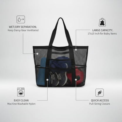 Mesh Drawstring Gym Bag, Breathable Nylon Storage for Wet Gear and Sports Equipment, 17 x 15 Inch (1 PC) - color: Black