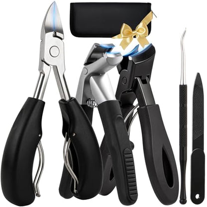 Toenail Clippers for Seniors Thick Nails, Ingrown Toenail Removal Kit 5Pcs, Heavy Duty Slanted Nail Clippers, Ingrown Nail Cutter with Long Handle Wide Jaw, Angled Head Toenails Clipper for Men - size: 5Pcs Nail Clippers Set-PP handle