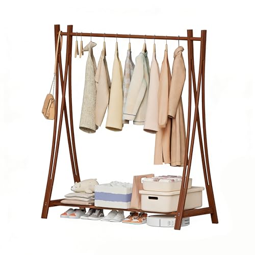 Wooden Retail Display Hanging Clothes Rack with Storage Shelf, 52" W x 57" H Freestanding Heavy Duty Clothing Drying Garment Rack for Hanging Clothes, Coat, Dress, Shirt, Hat - size: 52"W - Walnut