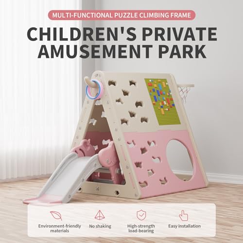 UNICOO Children’s 7 in 1 Multi-Functional Climbing Pyramid Set with Slide, Kids Climbing and Sliding Set for Home, Daycare (KU-C04-Pink) - color: Pink