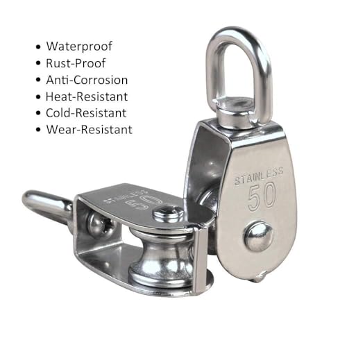 Rocaris 2 Pack M50 Single Pulley Snatch Block 304 Stainless Steel Lifting Crane Heavy Duty Swivel Hook, 3/8" Rope x 2" Sheave, 800 lbs Load - style: 2 Pack M50 Single