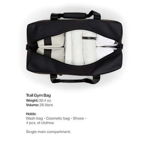 RAINS Trail Gym Bag – Waterproof Sports Duffel, Shoulder Strap, 6.9 gal | Waterproof PU gym duffel for women and men; 26 L sports bag, coated zip, mesh pocket, detachable shoulder strap