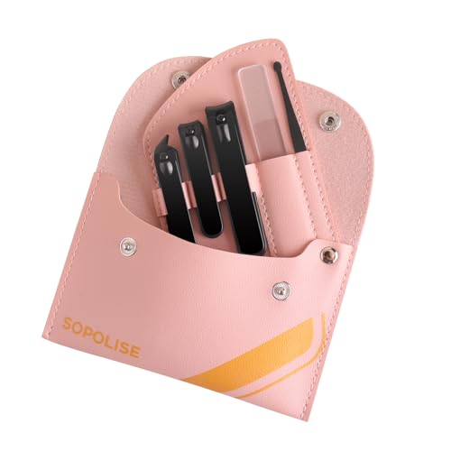 Manicure Set, 5 Piece Nail Care Kit with Carbon Steel Tools (Cuticle Nipper, Small & Large Nail Clippers, Ear Pick, Glass File), Portable Grooming Pouch, Manicure Set Nail Clippers(Pink) - color: Pink
