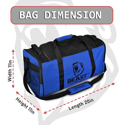 Beast Power Gear Gym Duffle Bag- Workout, Boxing, MMA, Sports Bag with Shoes Compartment and Adjustable Shoulder Strap for Men and Women (Blue/Black) - color: Blue/Black