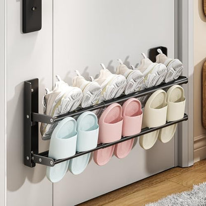 Shoe Rack Expandable 14.6"-26.4"，2-Tier Metal Hanging Shoe Organizer Holds 6 Pairs of Shoes,Wall-Mounted Shoe Rack, Foldable Shoe Shelf for Entryway Space-Saving Shoe Holder for Door, Black - size: Length 14.6"-26.4"