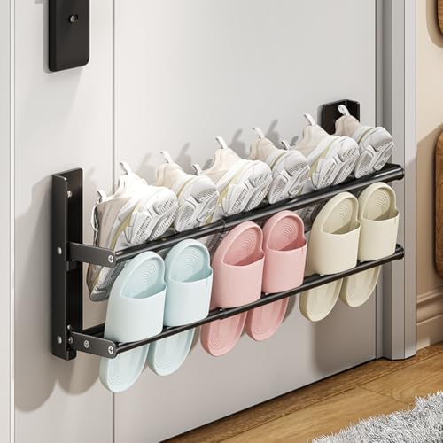 Shoe Rack Expandable 14.6"-26.4"，2-Tier Metal Hanging Shoe Organizer Holds 6 Pairs of Shoes,Wall-Mounted Shoe Rack, Foldable Shoe Shelf for Entryway Space-Saving Shoe Holder for Door, Black - size: Length 14.6"-26.4"