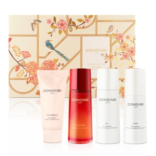 Donginbi Red Ginseng Essential Skin Care Set | Korean Skin Care Gift Set | Firming Moisturizer(1.69 fl oz) | Hydrating Toner(2.37 fl oz) | Essence(2.37 fl oz) | Pore Cleaner(1.69 fl oz) | Glass Skin