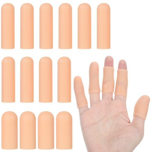 Piriuuo 14 Pcs Silicone Finger Protectors, Reusable, Soft & Elastic | Gel Finger Cots, Waterproof Rubber Finger Tips Protector Against Dryness Rubbing Finger, 2 Sizes Skin Color