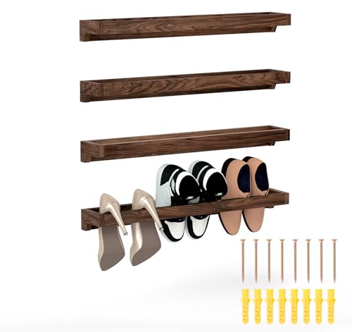 lesolar Wall Mounted Shoe Rack 30in, Hanging Shoe Organizer Rack 4 Pack | Solid Wood Shoe Storage Rack, Rustic Burnt, Wooden Shoe Shelf Rack, For Closet Door RV Entryway