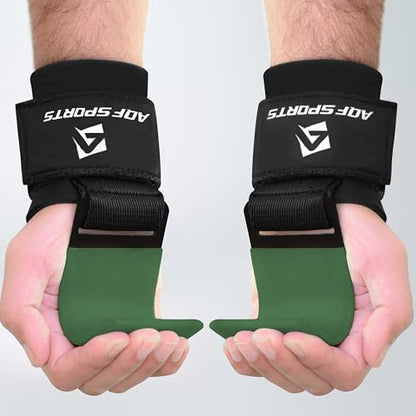 AQF Weight Lifting Hooks (Pair) - Neoprene Padded Wrist Strap for Deadlift - color: Military Green