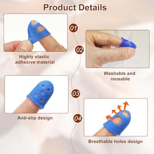 PATIKIL 15Pcs Finger Tip Covers Cots, 5 Size Silicone Finger Protectors Gloves Breathable Reusable Fingertip Caps for Hand Sewing Page Turning Guitar Playing, Dark Blue