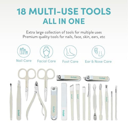 Éclat Manicure Pedicure Kit for Men & Women, 18Pcs Finger & Toe Nail Care Tools Includes Nail Clipper Cutter, Tweezer, File, Cuticle Pusher, Personal Care Professional Grooming Set With Travel Case - color: Large Mani+pedi Set (18pc Cream)