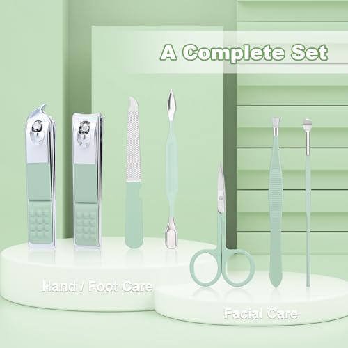 Manicure Set-Stainless Steel Nail Care Set-Professional 7 in 1 Ingrown Toenail Clipper Grooming Tool-Pedicure Kit & Toe Nail Cutter-Thick Nail Scissors Toiletries with Cuticle Trimmer (Green) - color: Green