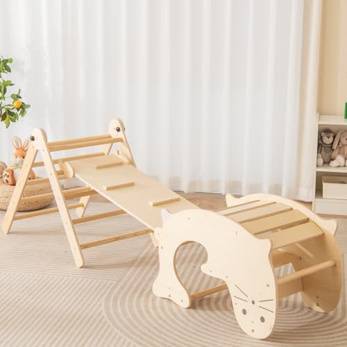 Costzon Climbing Toys for Toddlers, Foldable Montessori Wooden Arch Climber Ladder with Sliding Ramp, Play Table, Multi-Combination Methods, Kids Triangle Climber Play Gym Set for Boys Girls Present - style: 7 in 1 Arch Climber Ladder, Natural