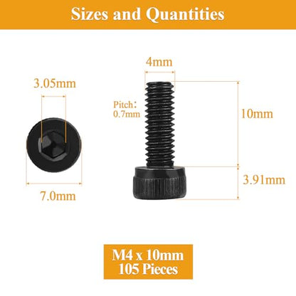 105 Pieces M4 x 10mm Socket Head Cap Screws, Thread Pitch 0.7mm, Sutemribor M4 Black Screws, 12.9 Grade Alloy Steel, Black Oxide Finish, Fully Threaded - size: M4 x 10mm, style: Socket Head