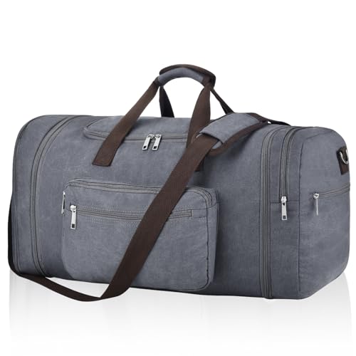 Felipe Varela 60L Canvas Duffle Bag for Men, Travel & Gym Carry on, Grey | Lightweight, Expandable, Large Capacity, Water-Repellent, Eco Certified, Travel Duffel Compliant for Overnight & Weekend Trip - color: Grey, size: 60L