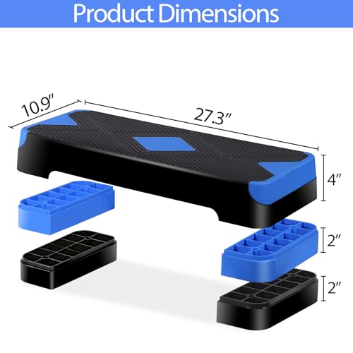 HomGarden Adjustable Workout Aerobic Stepper in Fitness & Exercise Step Platform Trainer Stepper w/Risers Adjust 4"-6''-8'' - color: Blue