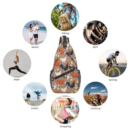 Funny Rooster Print Crossbody Sling Bags for Women Men Cute Chicken Cock Hen Domestic Animal Print Travel Sling Backpack Casual Shoulder Bag Rustic Country Farmer Life Theme Hiking Daypack - color: White Orange Black