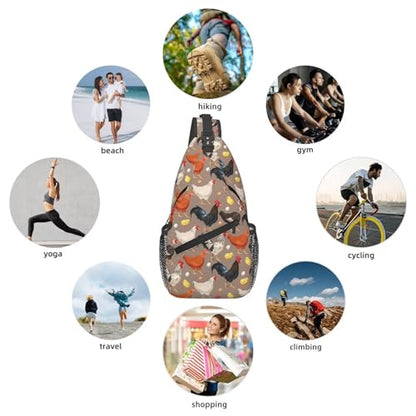 Funny Rooster Print Crossbody Sling Bags for Women Men Cute Chicken Cock Hen Domestic Animal Print Travel Sling Backpack Casual Shoulder Bag Rustic Country Farmer Life Theme Hiking Daypack - color: White Orange Black