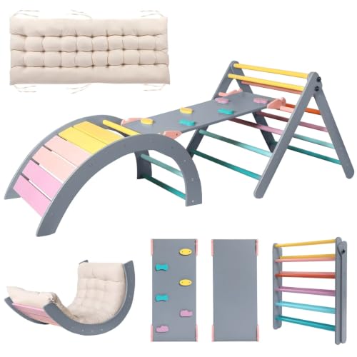 Pikler Triangle Set with Cushion Large, 5 in 1 Toddler Climbing Toys Indoor | Foldable Space-saving Design, Montessori-inspired Learning, Reversible Slide & Ramp, ASTM F963 Standards for Toddlers 18M-5Y - color: Color-a