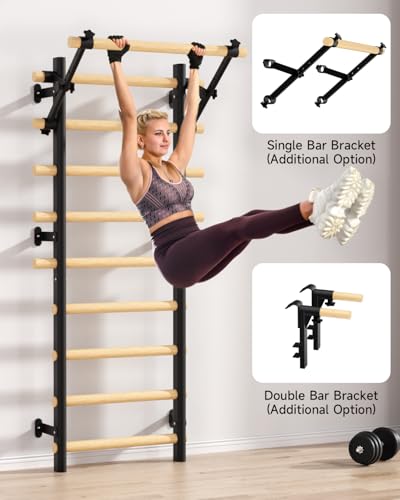 Swedish Ladder Wall Gym, Wooden Wall-Mounted Stall Bars with Pull-up Bar & Exercise Straps & Dip Bars, Stretching Ladder Full Body Home Gym Adults New - color: Black