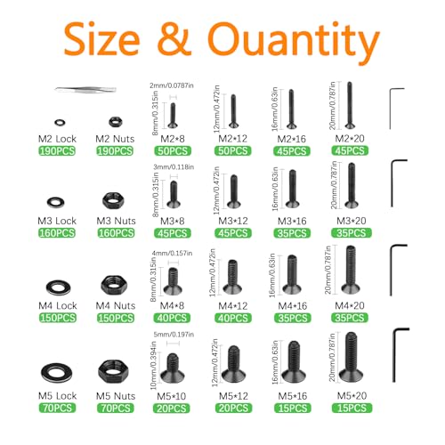 1715Pcs M2 M3 M4 M5 Screw Kit - 3D Printer Mini Screw, Allen Head/Flat Head/Countersunk Bolt/Screws, Metric Bolts Assortment, Black Nuts and Bolts for Mechanical Hardware - size: M2/3/4/5-1715Pcs