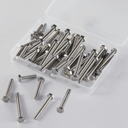 M6-1.0 Hex Head Screw Bolts - 40/45/50/55/60mm Length Kit, 304 Stainless Steel(A2-70), Bright Finish, Fully Threaded, Hexagon Head Bolts,Quantity 50-Piece Set - size: 304-Hex-M6-40-60mm