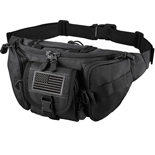 FRTKK Tactical Fanny Pack Military Waist Bag Pack with USA Flag Patch Utility Hip Pack with Adjustable Strap for Outdoors Fishing Cycling Camping Hiking Dog Walking (Black) - color: Black
