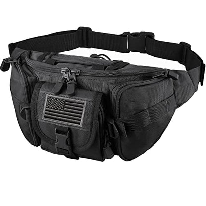 FRTKK Tactical Fanny Pack Military Waist Bag Pack with USA Flag Patch Utility Hip Pack with Adjustable Strap for Outdoors Fishing Cycling Camping Hiking Dog Walking (Black) - color: Black