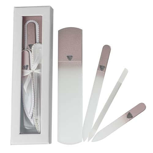 Bona Fide Beauty Czech Glass Gift Set: Foot File, Nail File, Cuticle Pusher | Rose color set: genuine Bohemian crystal glass set includes protective cases and sleeves. Reusable and easy to clean. - color: Rose Gold