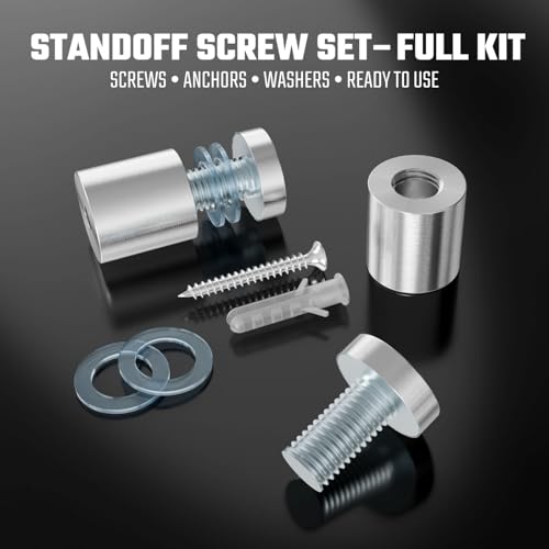 12-Pack Stainless Steel Standoff Screws with Wall Anchors & Rubber Pads – Sign Mounting Hardware for Acrylic Signs, Photo Frames, Advertising Boards, Silver (1" x 1" / 25mm x 25mm) - size: 1" x 1" / 25mm x 25mm