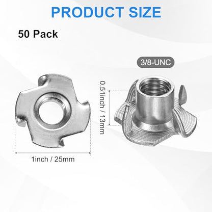 M METERXITY 50-Pack 3/8-UNC T-nut, 4/8" Barrel Length Stainless Steel 4-Pronged Tee Nut Threaded Insert for Wood/Rock Climbing Holds/Furniture, Corrosion Resistant Fasteners