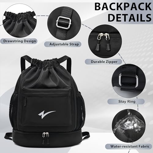 Sport Drawstring Backpack, Gym Bag with Mesh Side Pockets and Separate Shoe Compartment, Water-Resistant (Black) - color: Black