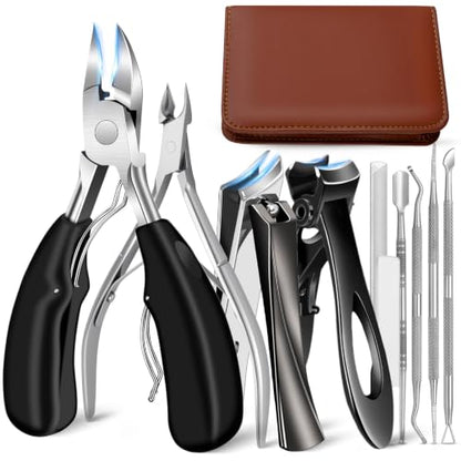 10Pcs Nail Clippers Set for Seniors, Ingrown Thick Toenail Clipper Manicure Kit for Men, Heavy Duty Wide Jaw and Slanted Nail Cutter with Nail Tool Kits, Manicure Set with Leather Travel Case for Gift