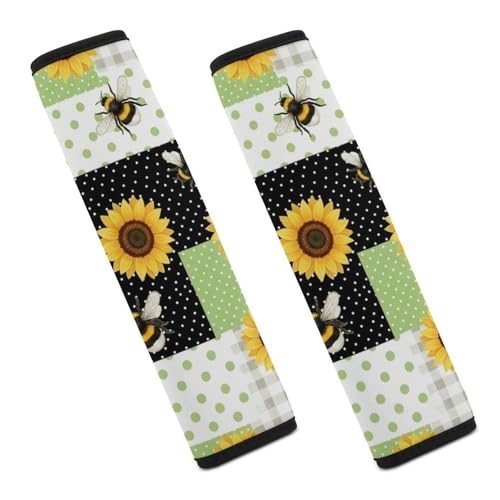 2PCS Sunflower Bee Plaid Seat Belt Cover Soft Padded Neck Strap Covers for Kids, All Vehicles, Comfortable Driving - color: Pattern 1136